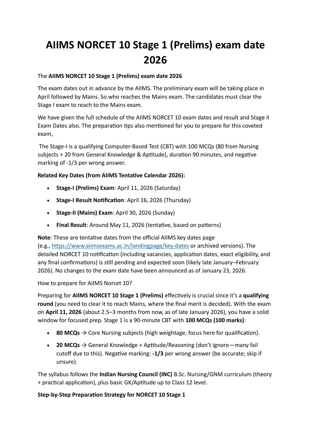AIIMS NORCET 10 Stage 1 (Prelims) exam date 2026