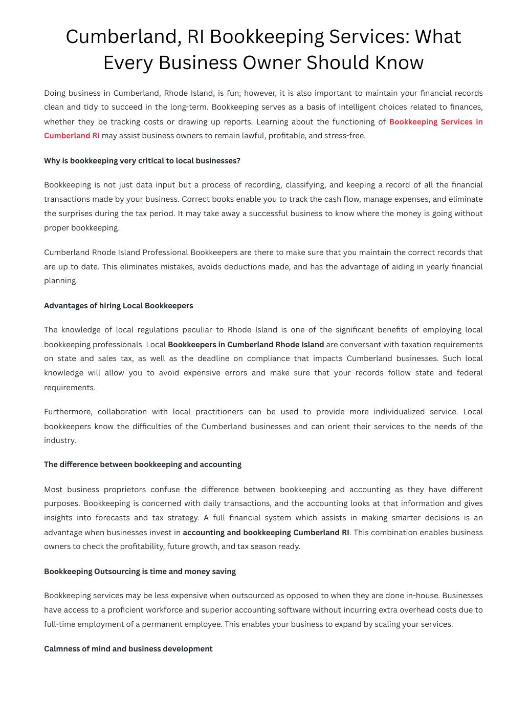 Cumberland, RI Bookkeeping Services: What Every Business Owner Should Know